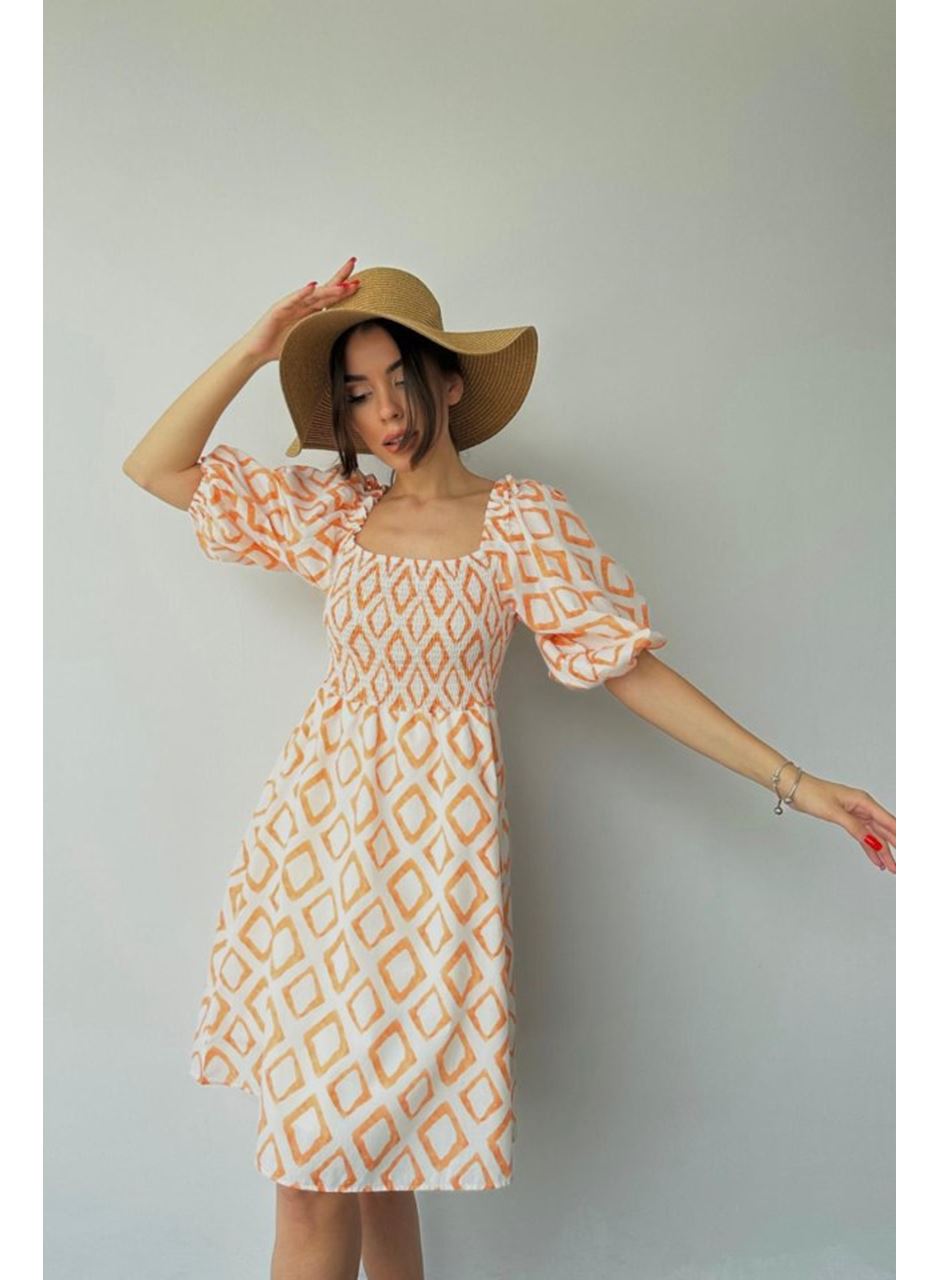 Oranj Kare Desenli Yazlık Elbise