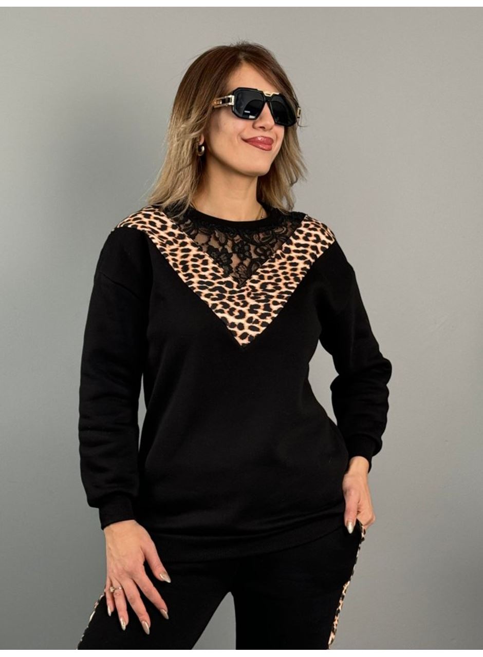 Kadın üç Iplik Kumaş Leopar Desenli Dantel Detaylı Ikili Takım