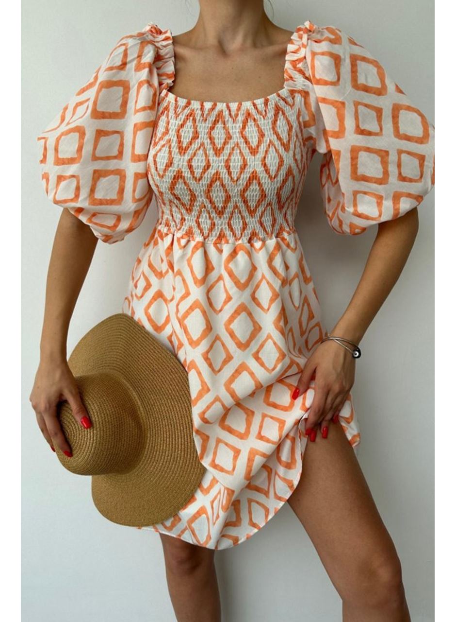 Oranj Kare Desenli Yazlık Elbise