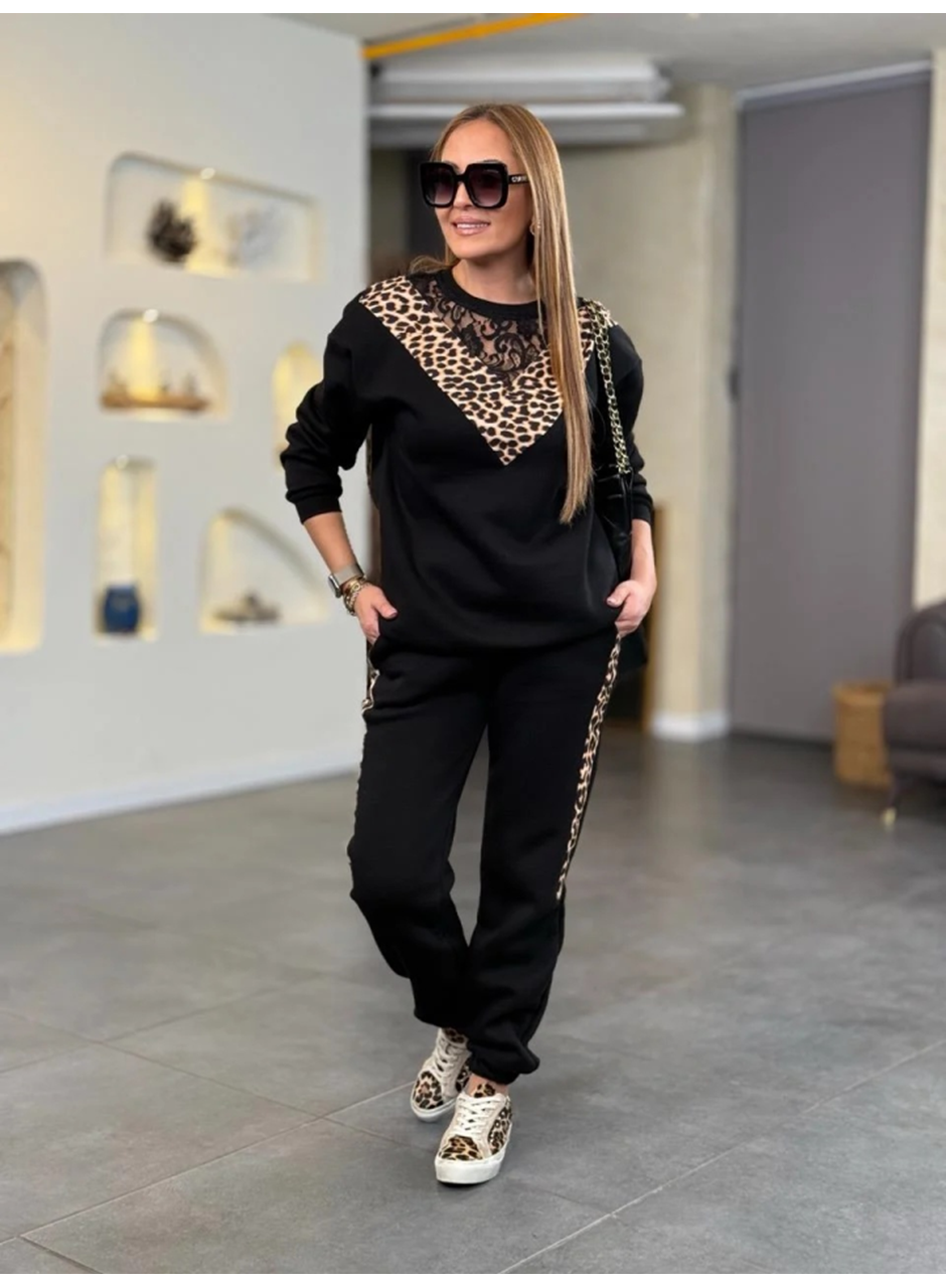 Kadın üç Iplik Kumaş Leopar Desenli Dantel Detaylı Ikili Takım