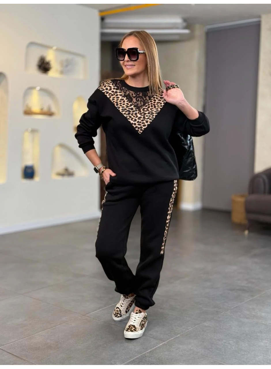 Kadın üç Iplik Kumaş Leopar Desenli Dantel Detaylı Ikili Takım