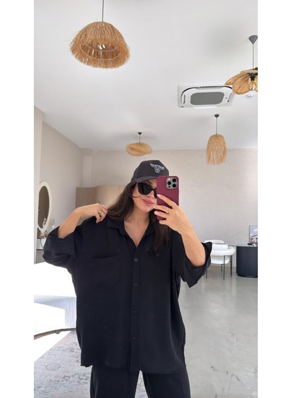 Kadın Flamlı Keten Tek Cep Oversızed Gömlek