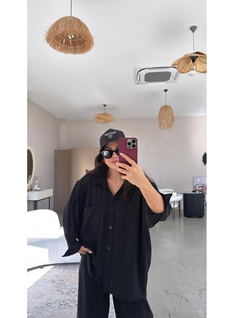 Kadın Flamlı Keten Tek Cep Oversızed Gömlek