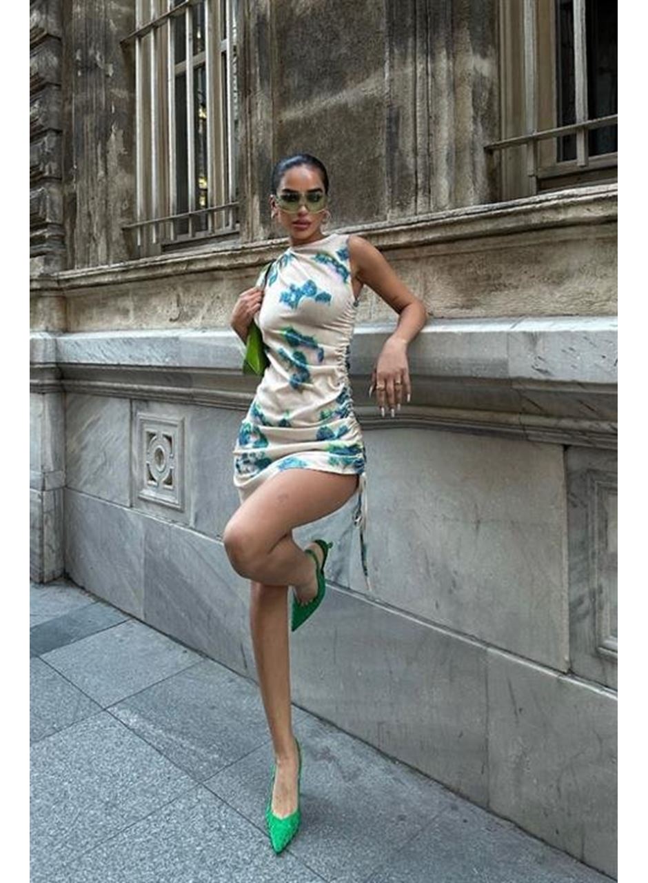 Marilyn Desenli Büzgülü Elbise 2514-13