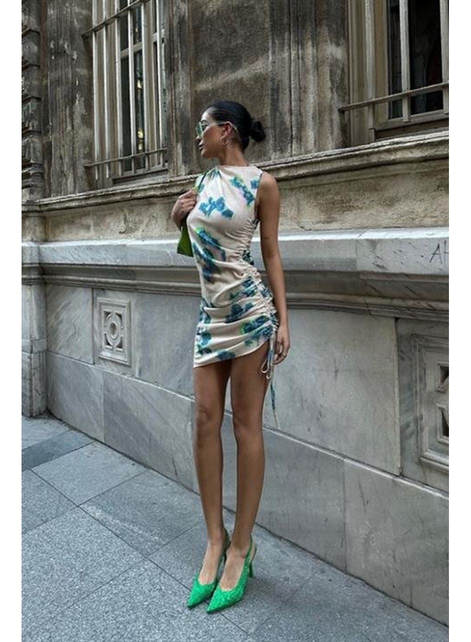 Marilyn Desenli Büzgülü Elbise 2514-13