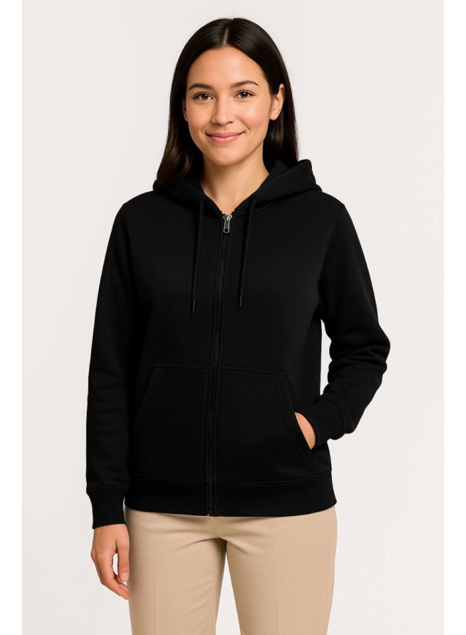 Üç İplik Kapüşonlu Tam Fermuarlı Kanguru Çepli SweatShirt Hoodie - Siyah