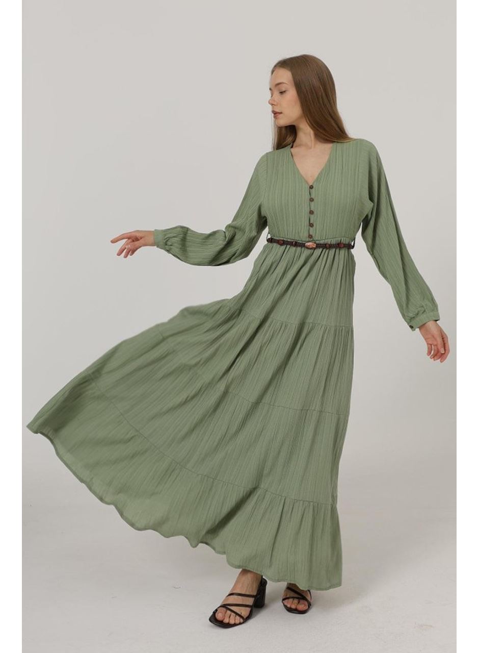 Önü Yarım Düğmeli Uzun Kol Kemerli Elbise - Haki