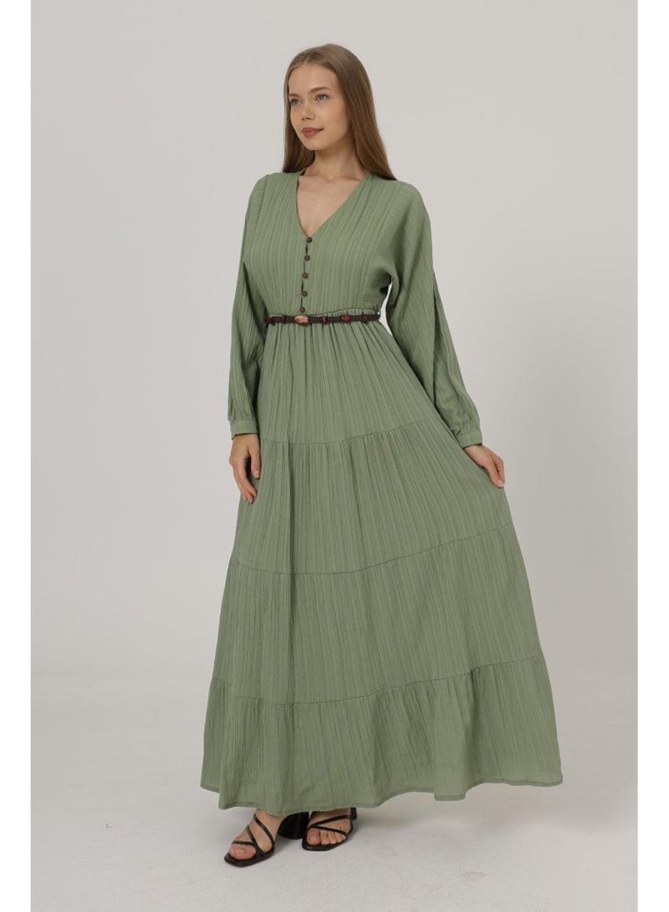 Önü Yarım Düğmeli Uzun Kol Kemerli Elbise - Haki