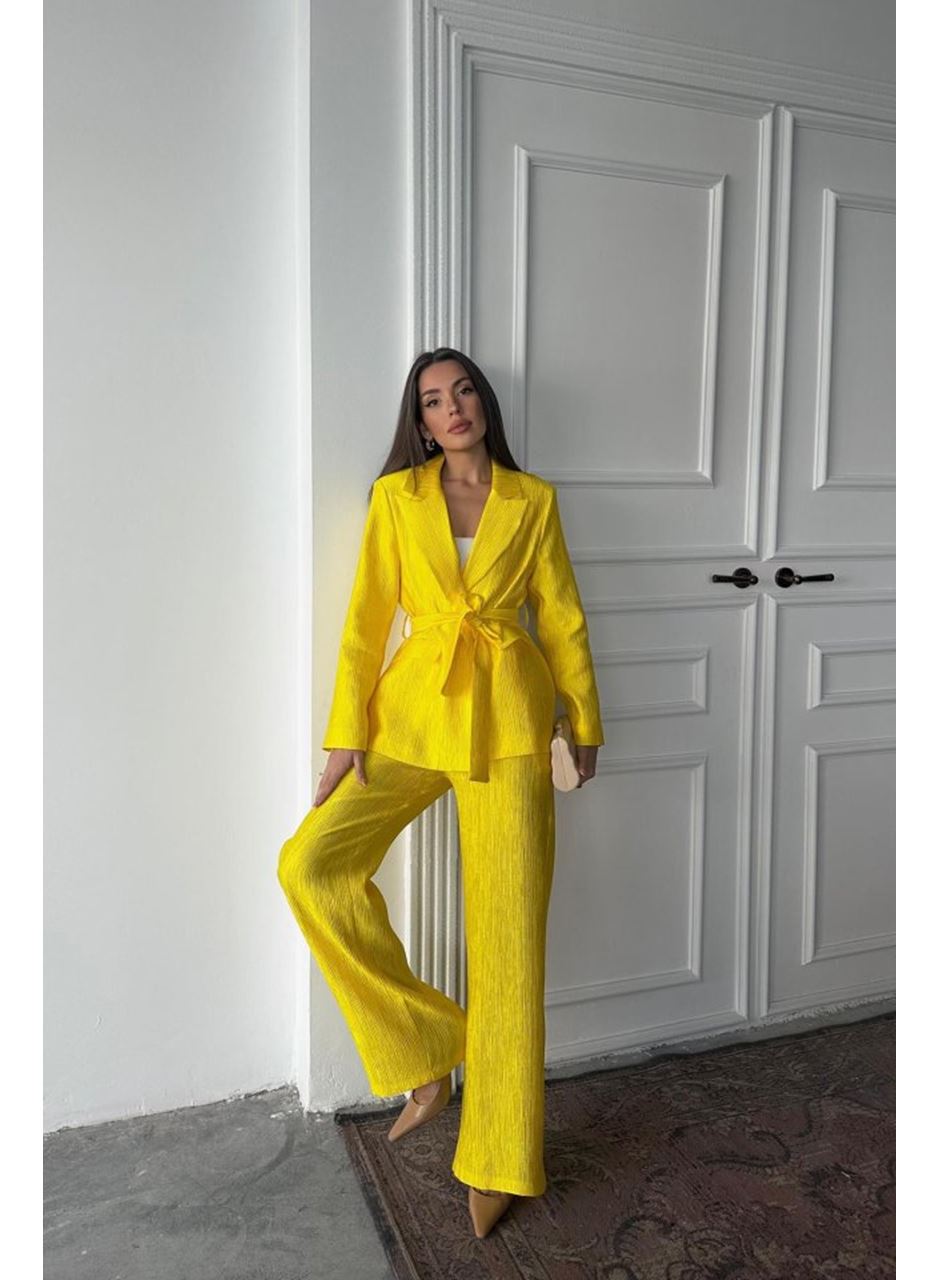 Neon Beli Kuşaklı Ceket Ve Pantolon Parlak Takım