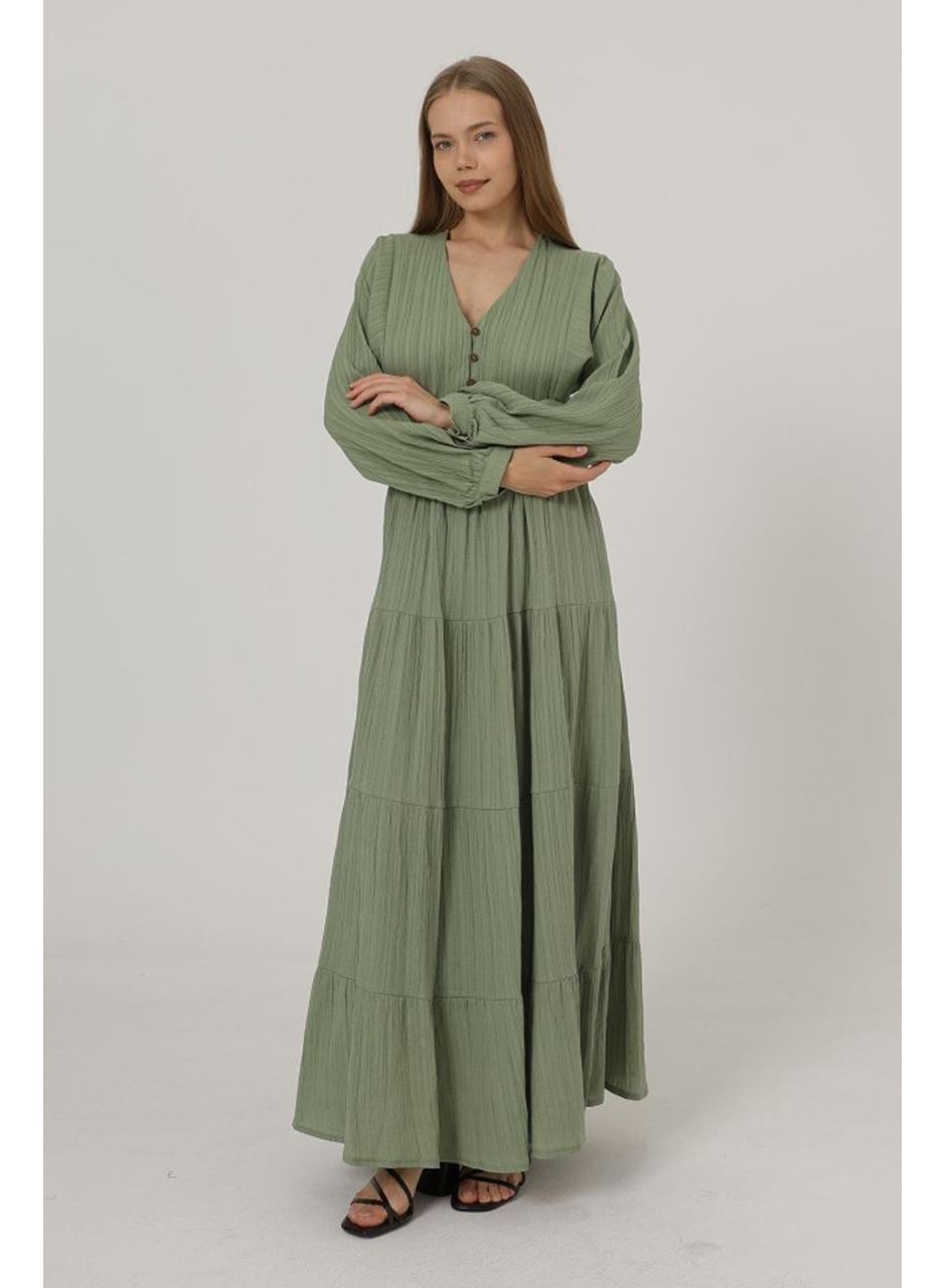 Önü Yarım Düğmeli Uzun Kol Kemerli Elbise - Haki