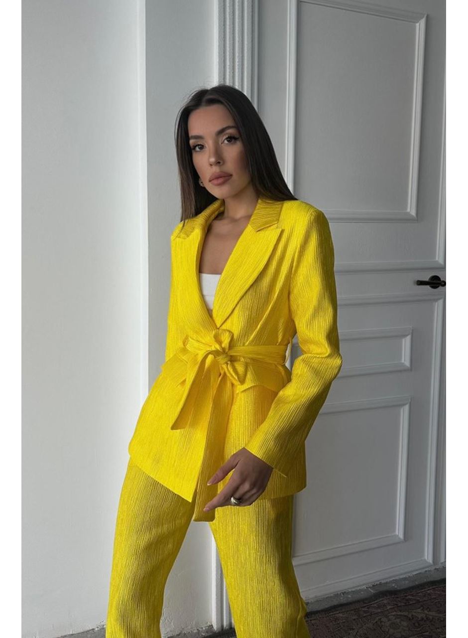 Neon Beli Kuşaklı Ceket Ve Pantolon Parlak Takım