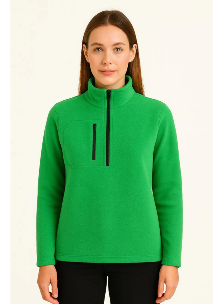 Polar Kazak – Dik Yaka, Yarım Fermuarlı, Fermuarlı Göğüs Cepli, Siyah Biyeli, Kışlık Rahat Regular Fit Günlük Model - Yeşil