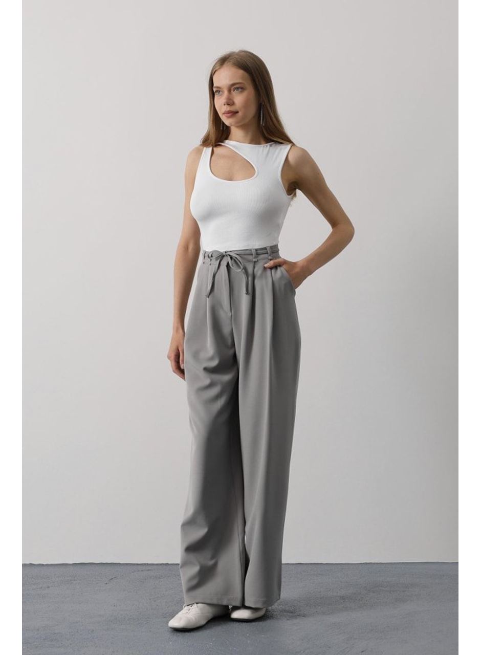 Pileli Bağcıklı Oversize Pantolon - Gri