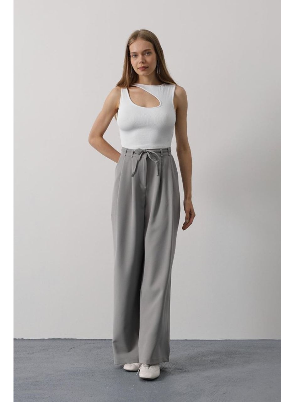 Pileli Bağcıklı Oversize Pantolon - Gri
