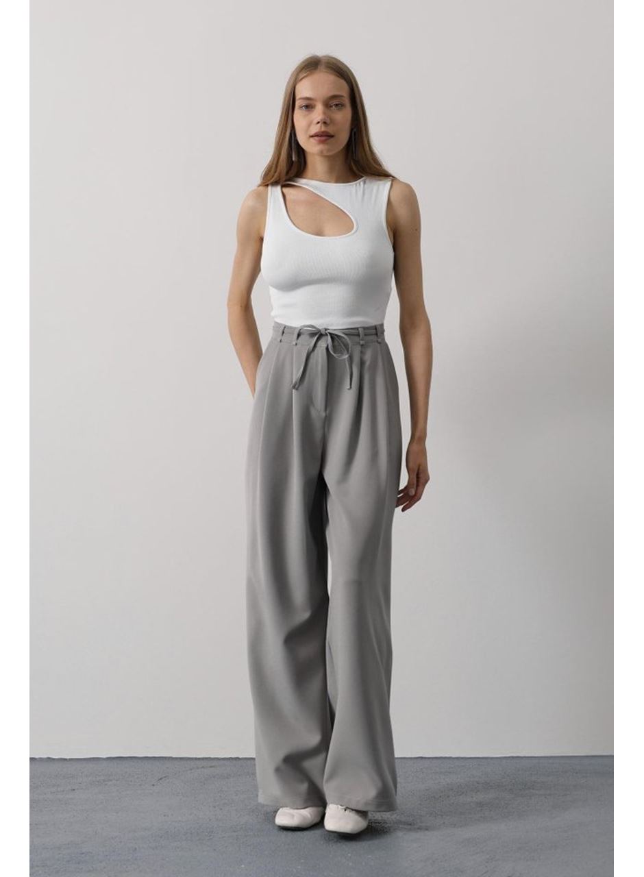Pileli Bağcıklı Oversize Pantolon - Gri