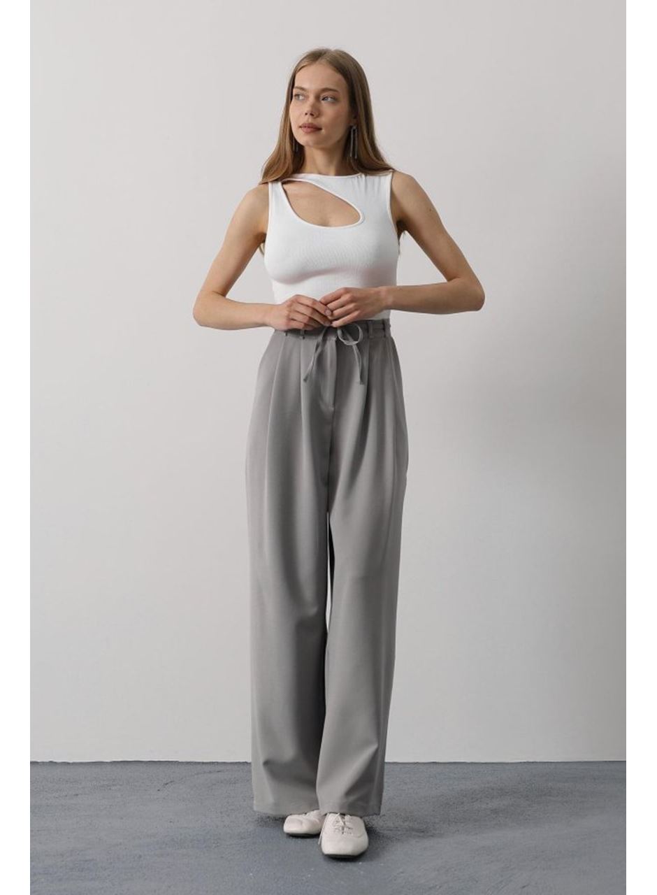 Pileli Bağcıklı Oversize Pantolon - Gri