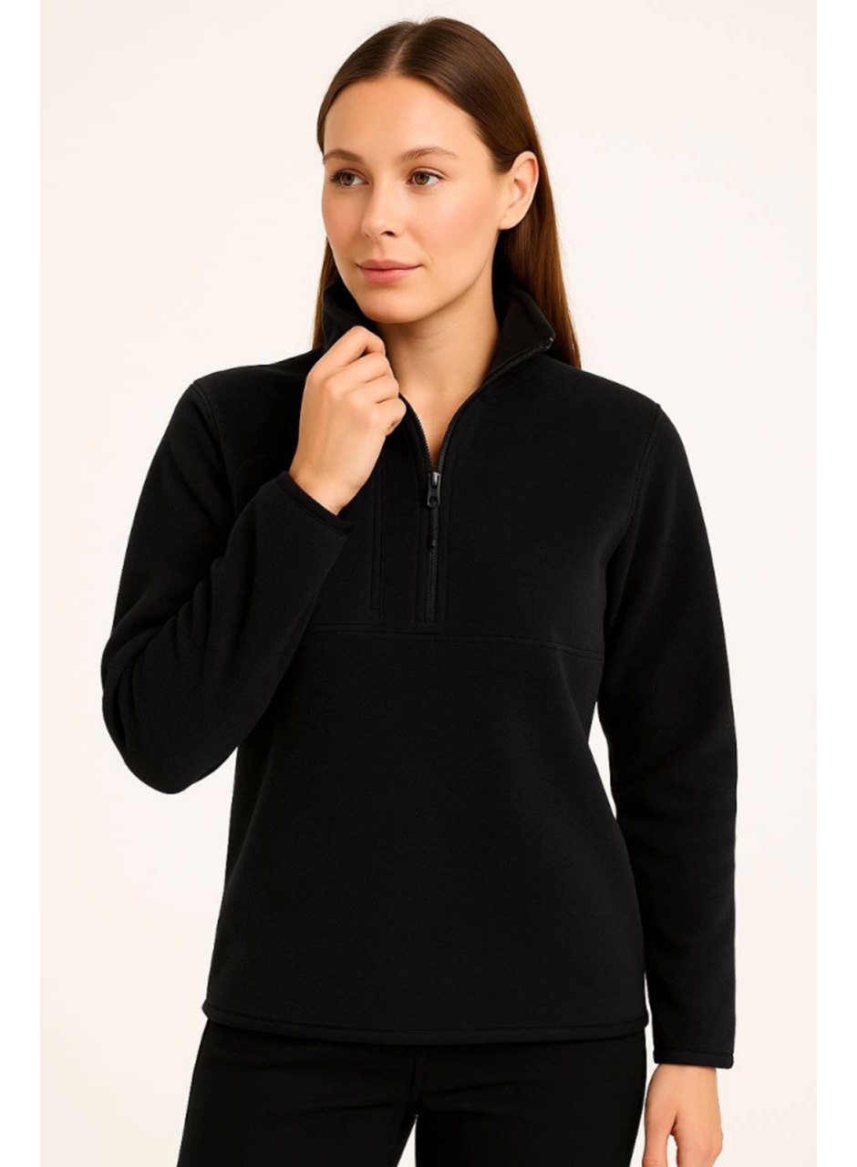 Polar Kazak – Dik Yaka, Yarım Fermuarlı, Fermuarlı Göğüs Cepli, Siyah Biyeli, Kışlık Rahat Regular Fit Günlük Model - Siyah