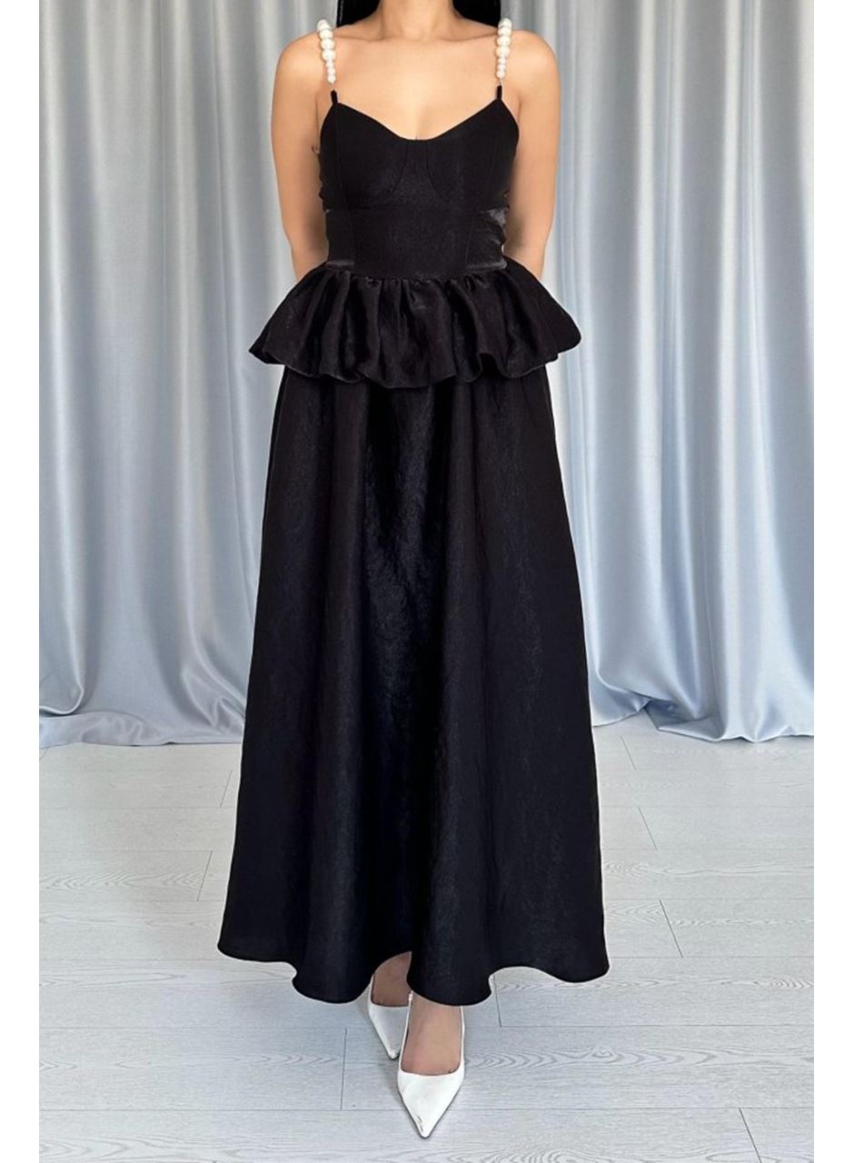 Siyah Beli Büzgülü İnci Askılı Uzun Elbise