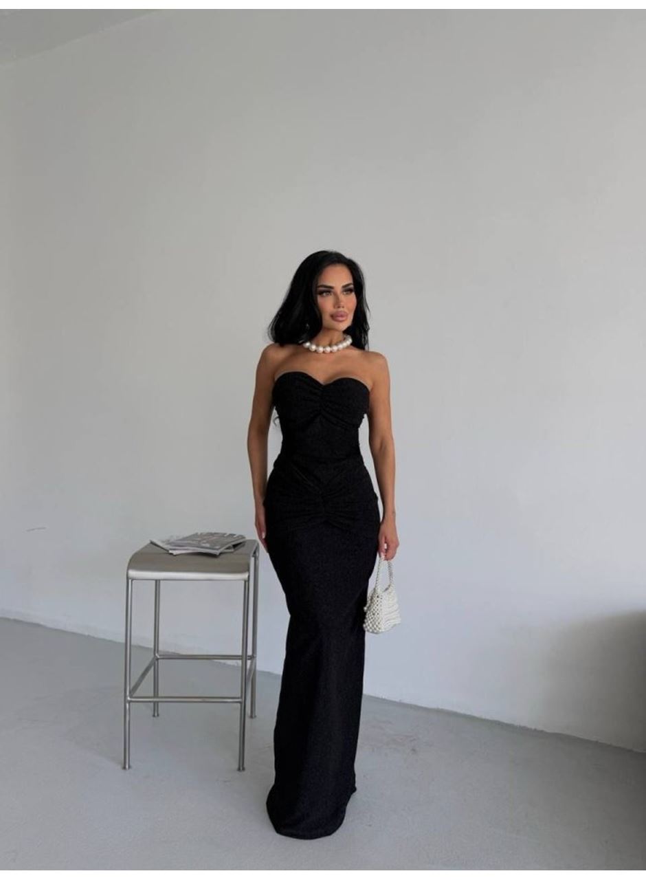 Straplez Simli Uzun Elbise