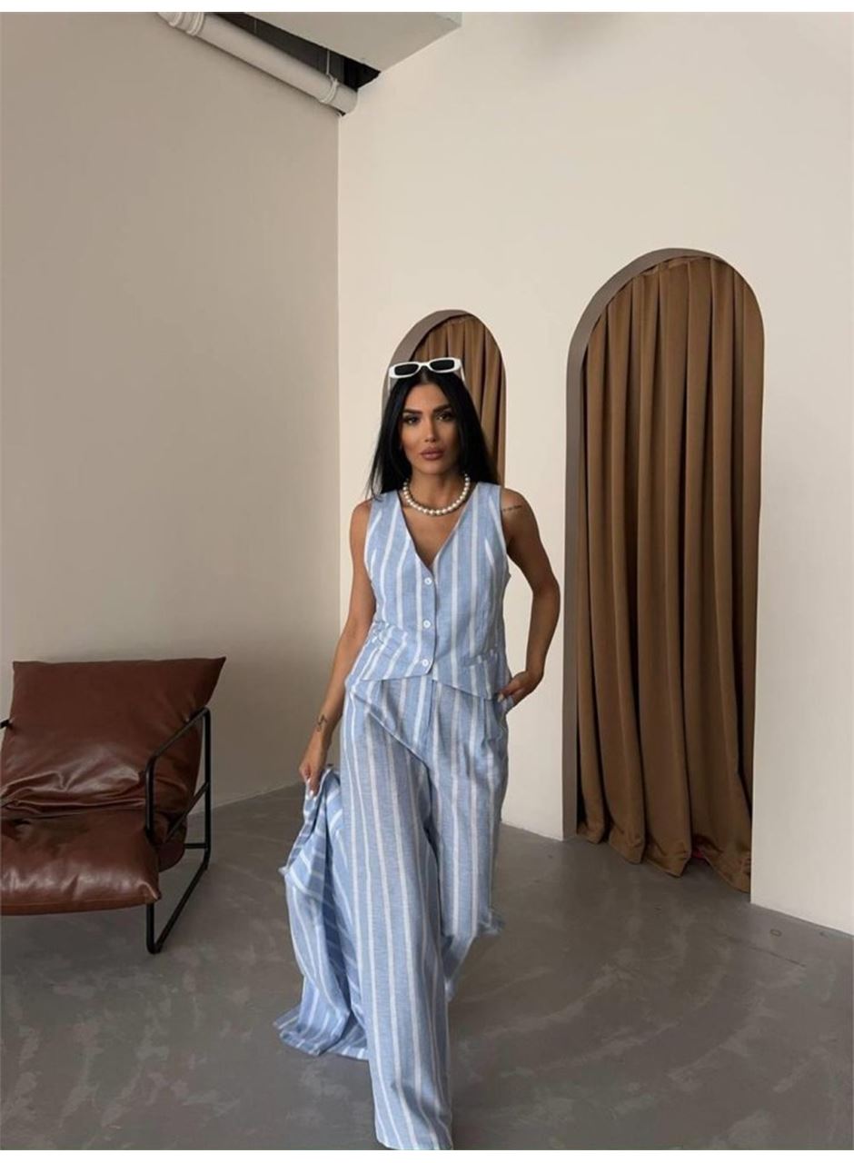 ÇİZGİLİ KETEN YELEK-PANTOLON TAKIM - Mavi