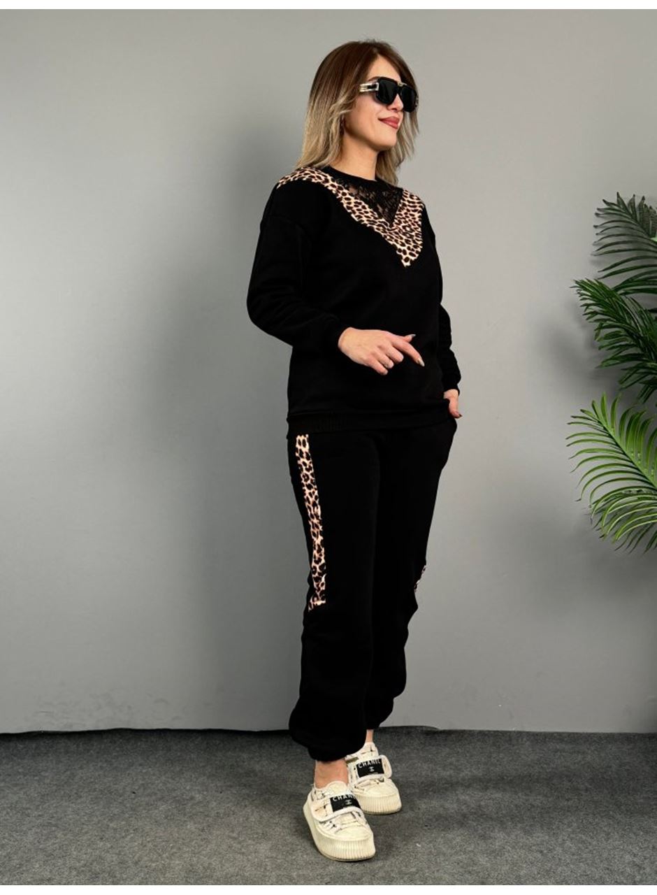 Kadın üç Iplik Kumaş Leopar Desenli Dantel Detaylı Ikili Takım