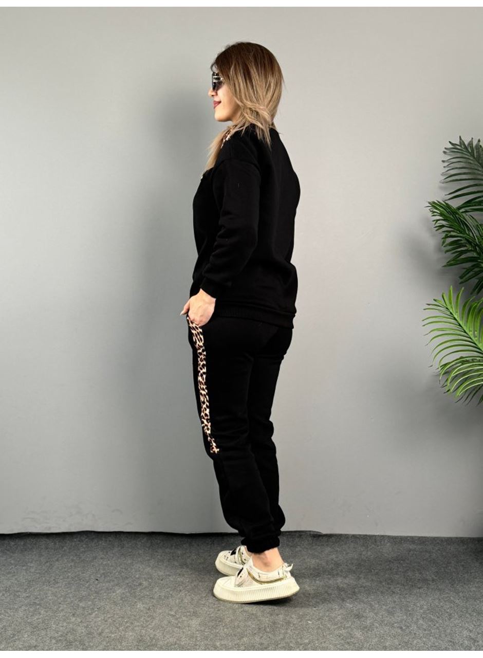 Kadın üç Iplik Kumaş Leopar Desenli Dantel Detaylı Ikili Takım