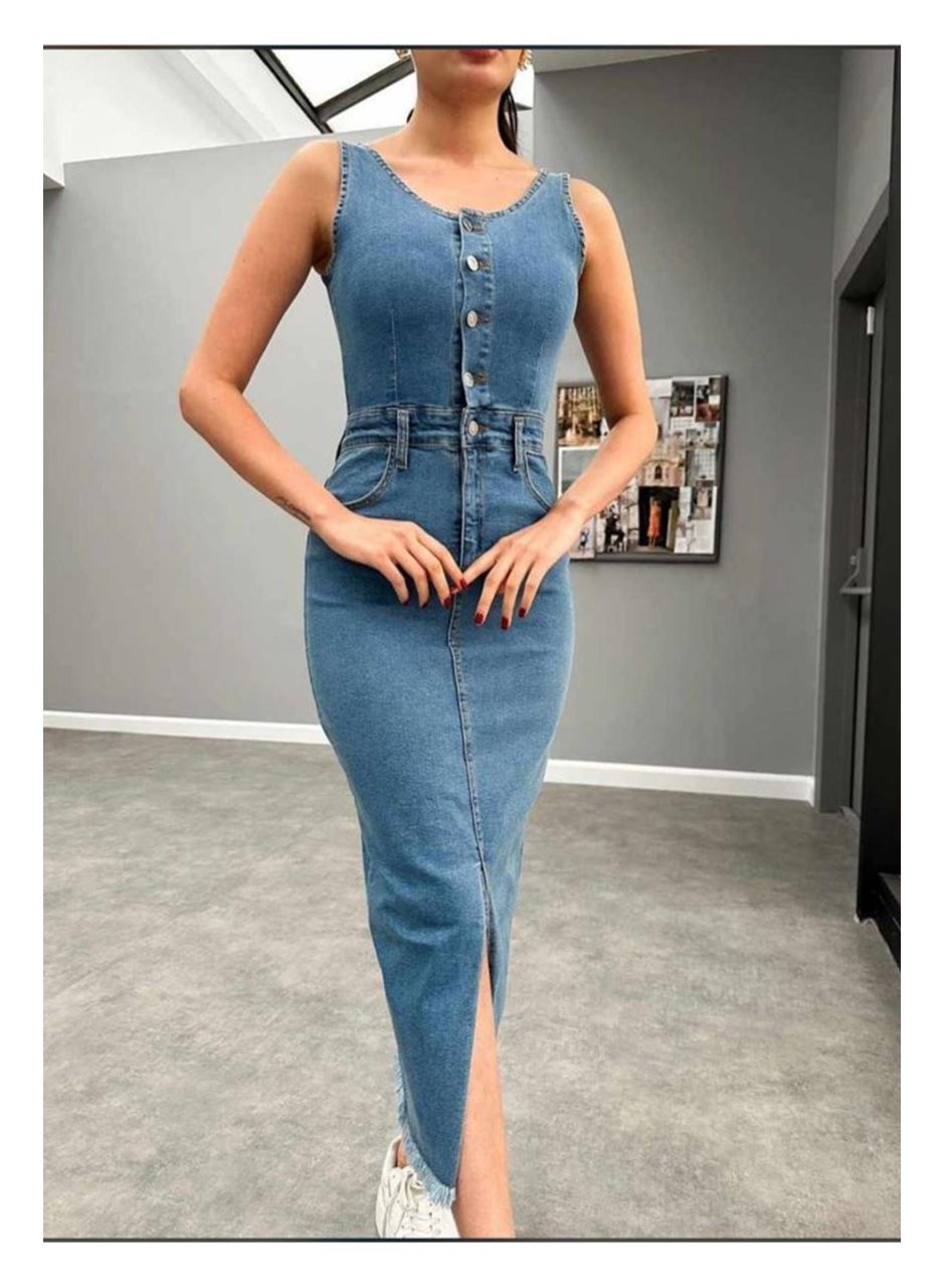 Mavi Likralı Kot Jile Elbise