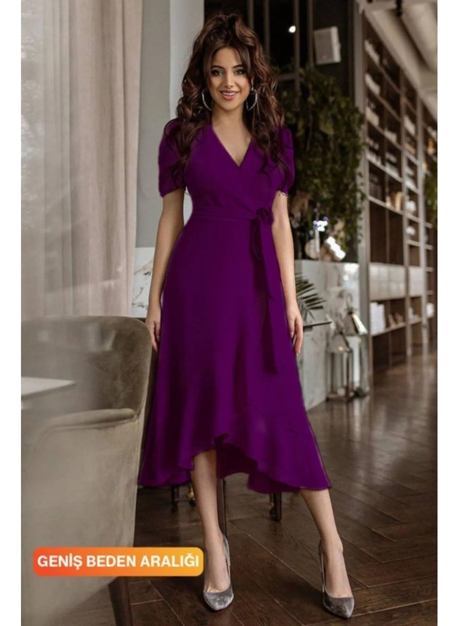 Kadın Kruvaze Yaka Midi Boy Kuşaklı Krep Elbise 120 Cm