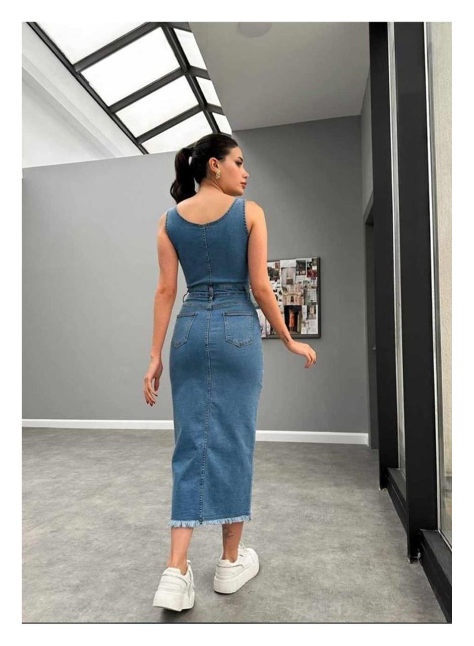 Mavi Likralı Kot Jile Elbise