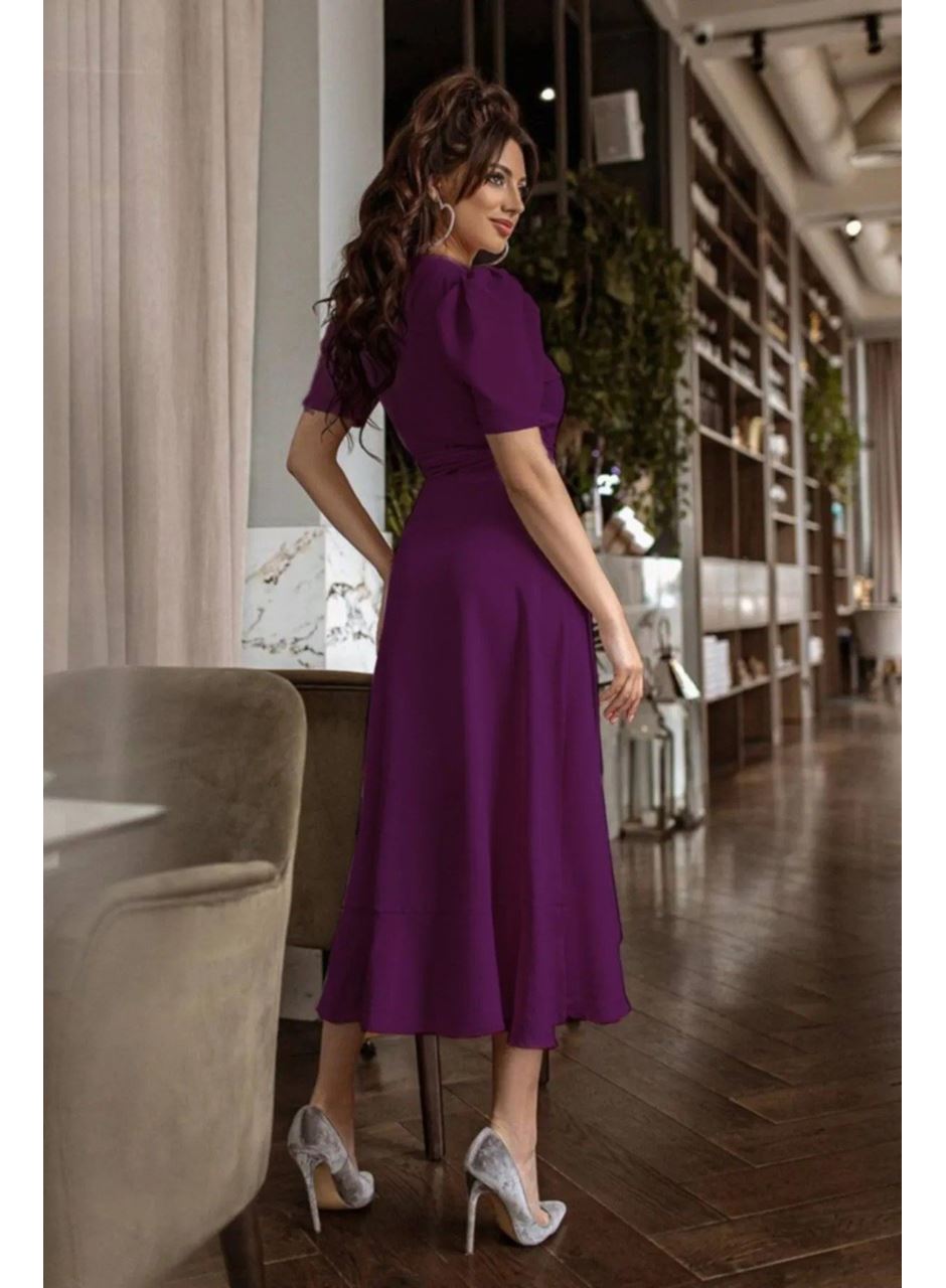 Kadın Kruvaze Yaka Midi Boy Kuşaklı Krep Elbise 120 Cm