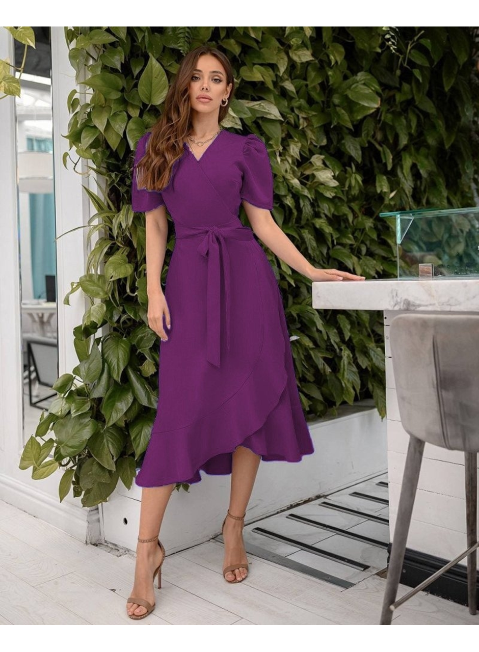 Kadın Kruvaze Yaka Midi Boy Kuşaklı Krep Elbise 120 Cm