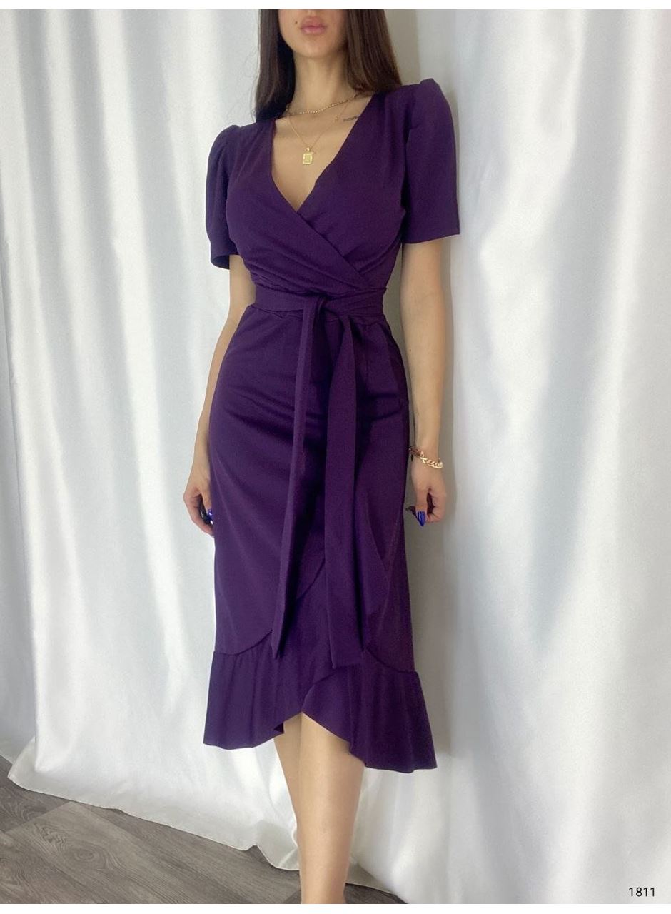 Kadın Kruvaze Yaka Midi Boy Kuşaklı Krep Elbise 120 Cm