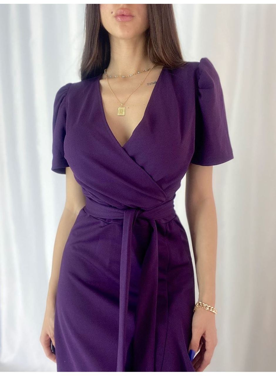 Kadın Kruvaze Yaka Midi Boy Kuşaklı Krep Elbise 120 Cm