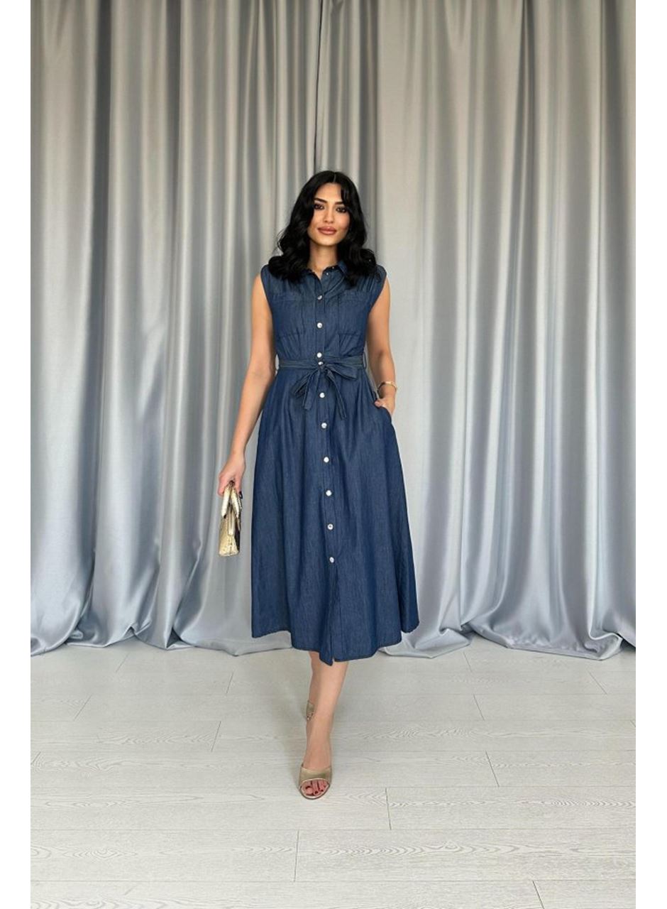 Mavi Tencel Çıtçıtlı Elbise