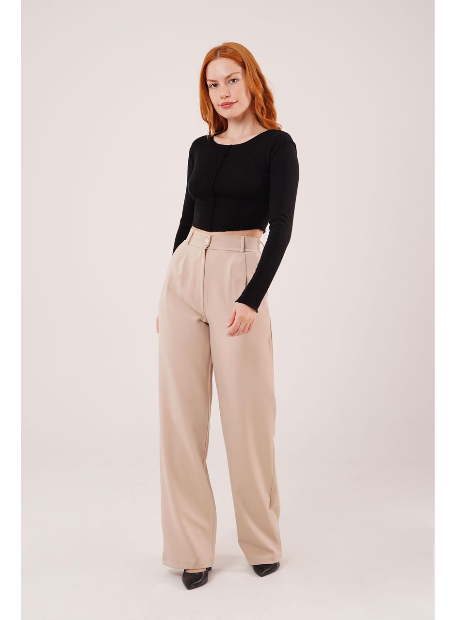 Bol Paça Piliseli Bej Pantolon