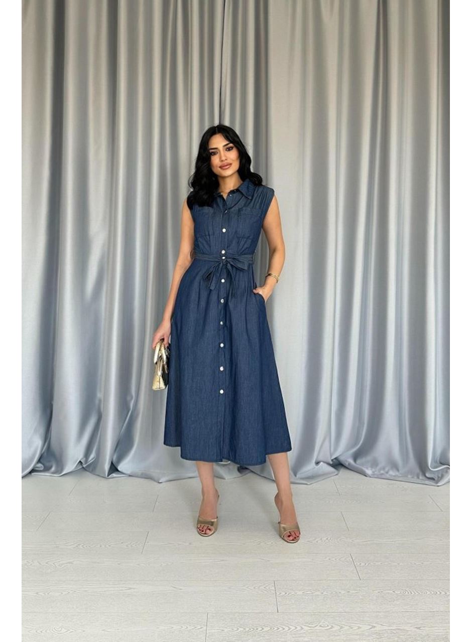 Mavi Tencel Çıtçıtlı Elbise