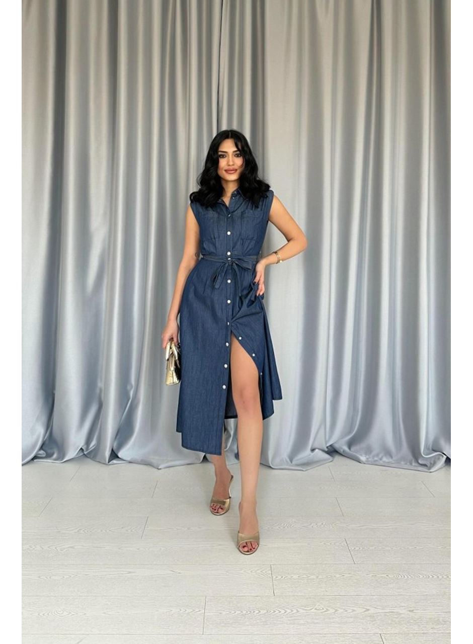 Mavi Tencel Çıtçıtlı Elbise
