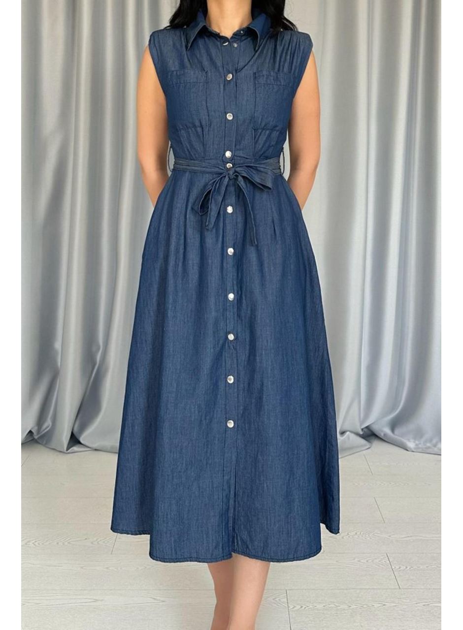 Mavi Tencel Çıtçıtlı Elbise