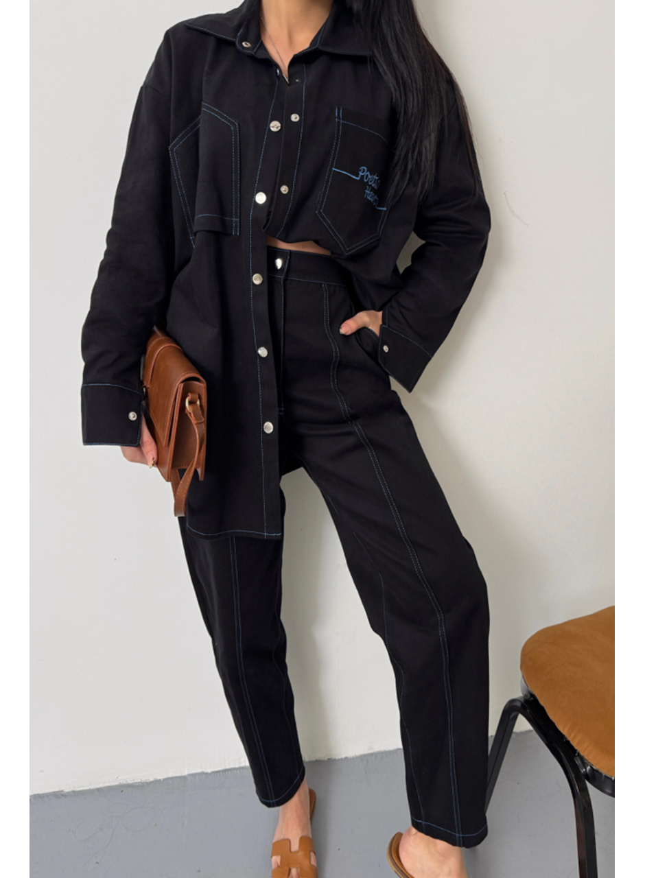 DENİM PUNTOLU GÖMLEK-PANTOLON TAKIM - Mavi