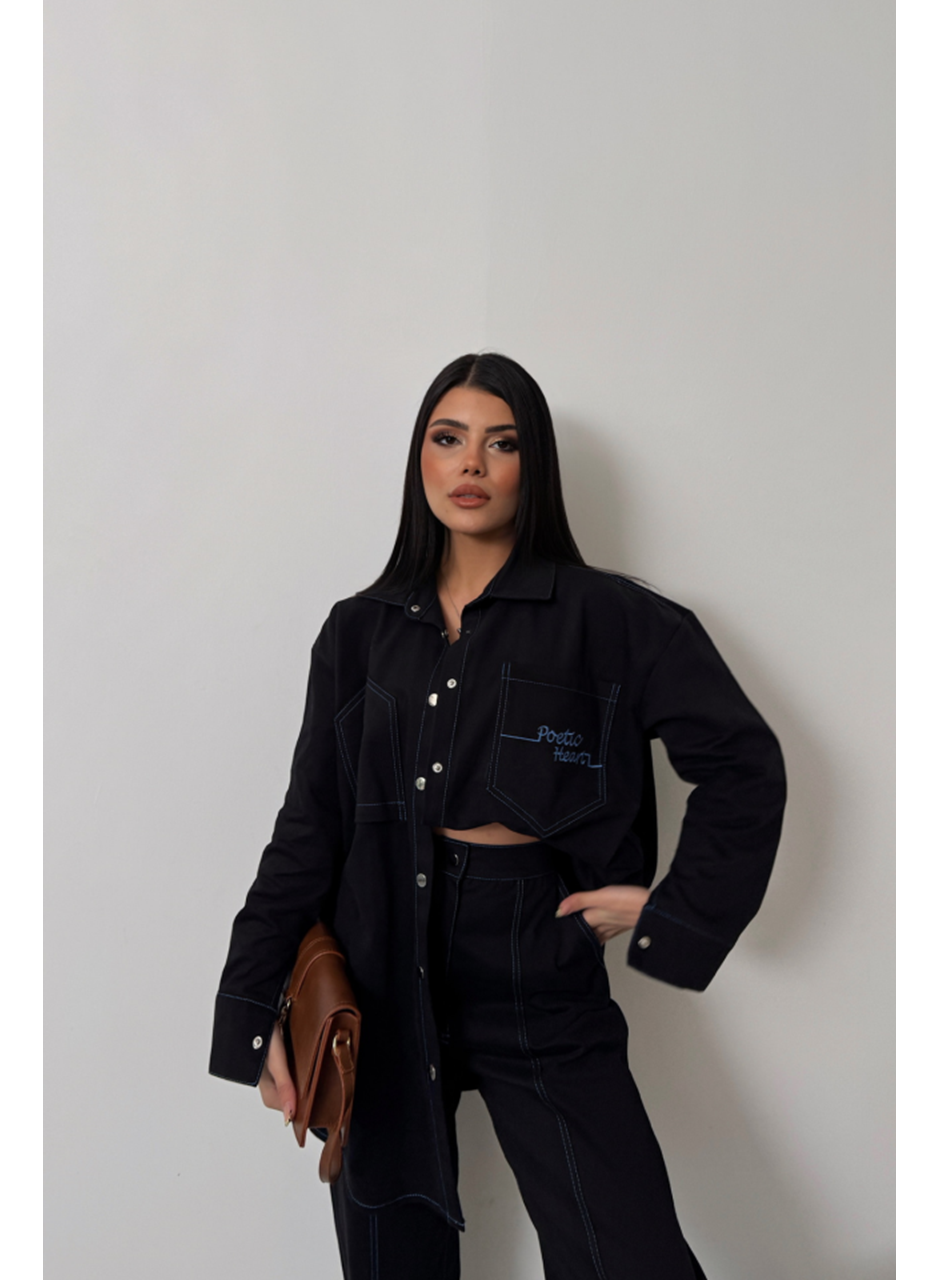 DENİM PUNTOLU GÖMLEK-PANTOLON TAKIM - Mavi