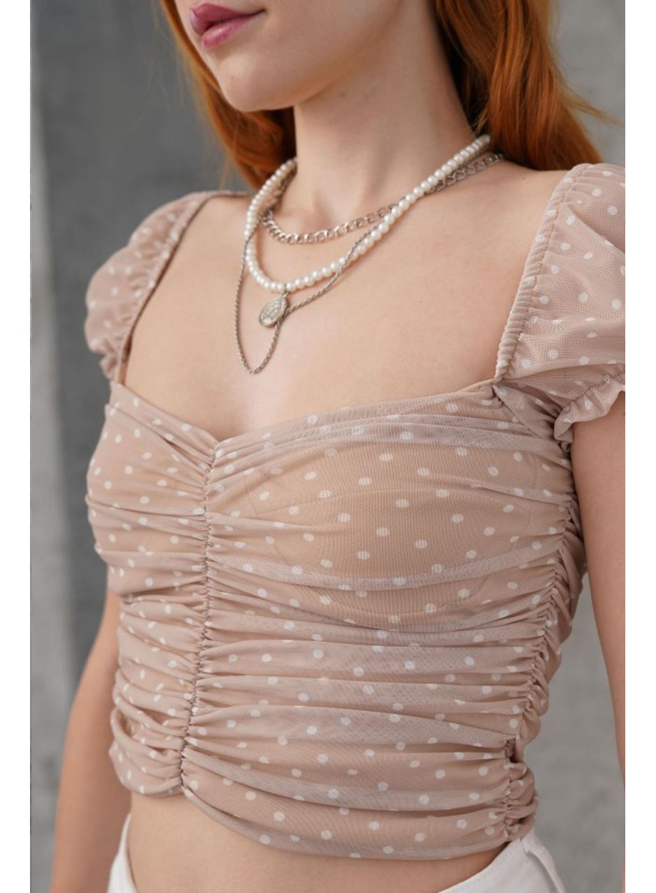 Puantiyeli Belden Oturtmalı Tül Krem Bluz