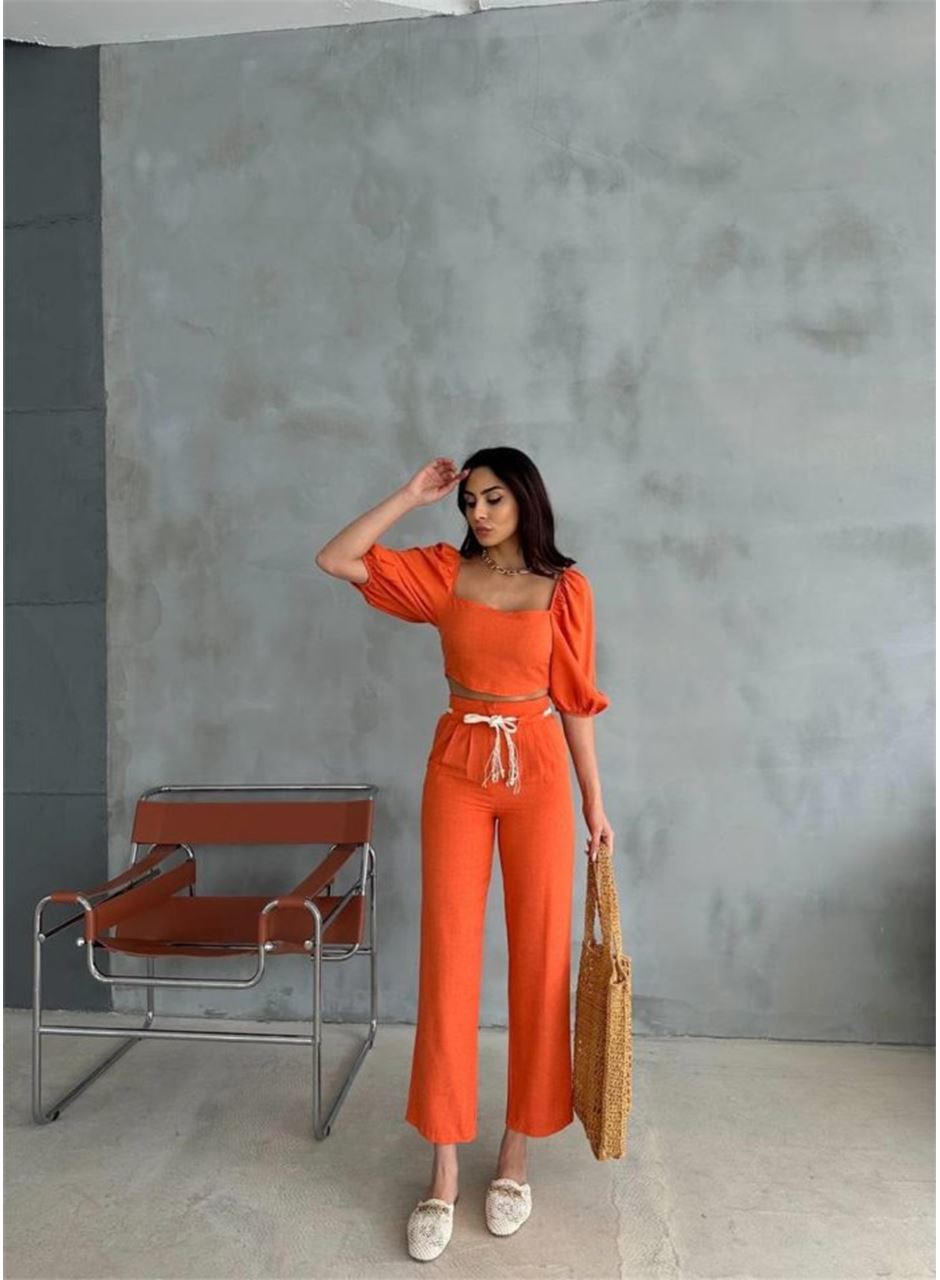KETEN CROP KARPUZ KOL BLUZ-PANTOLON HASIR KEMERLİ - Orange