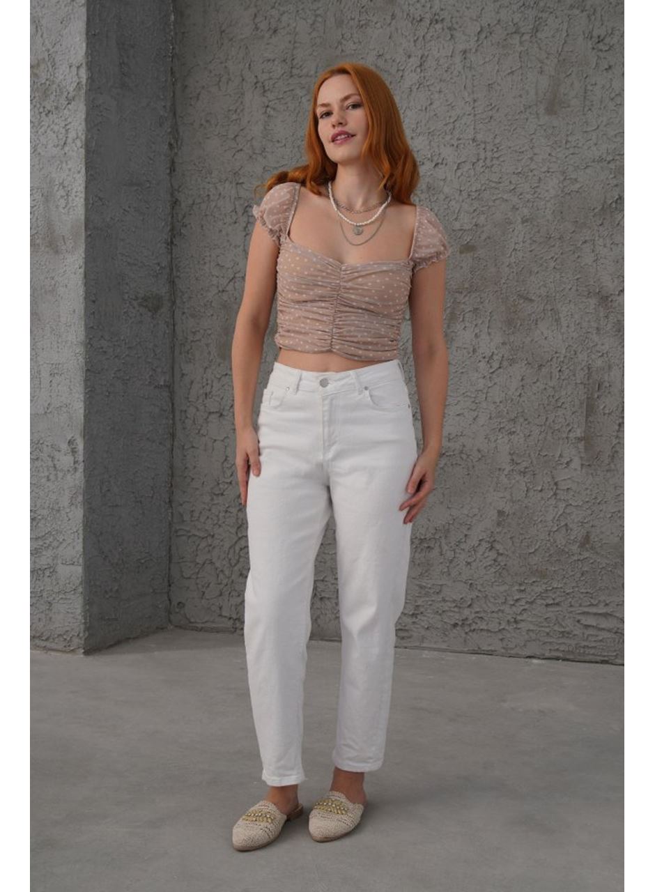 Puantiyeli Belden Oturtmalı Tül Krem Bluz