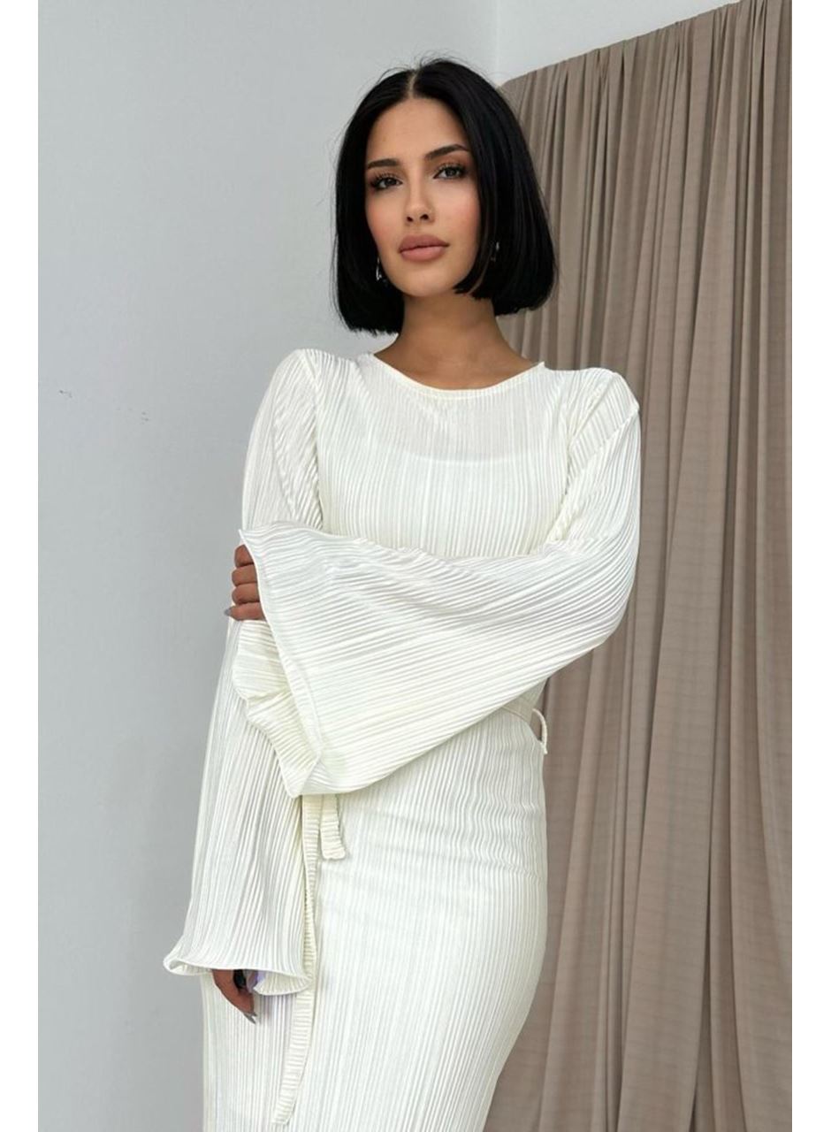 Ekru İspanyol Kol Piliseli Elbise