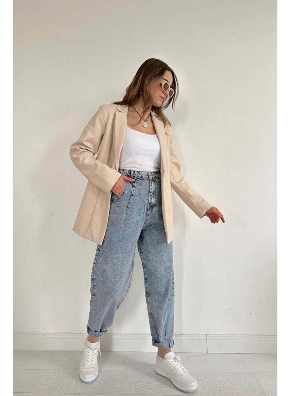 Bej Düğmeli Deri Ceket