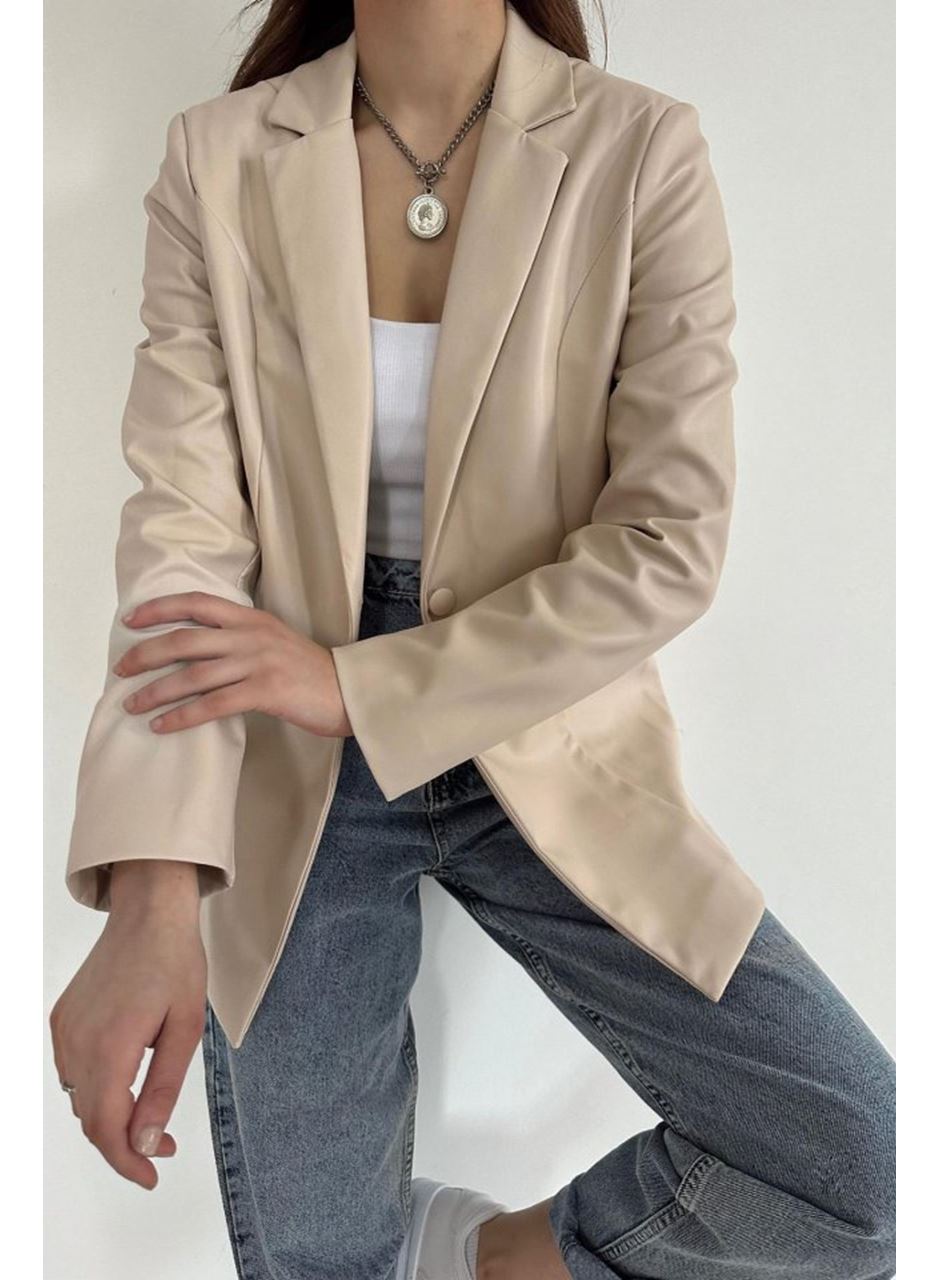 Bej Düğmeli Deri Ceket