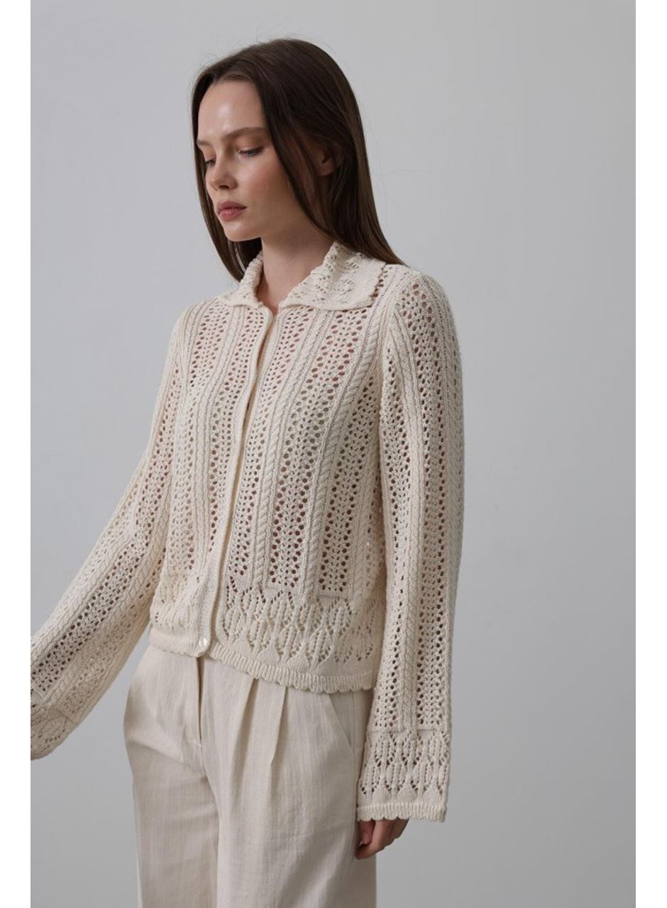 Gömlek Yaka Uzun Kol Triko - Ekru