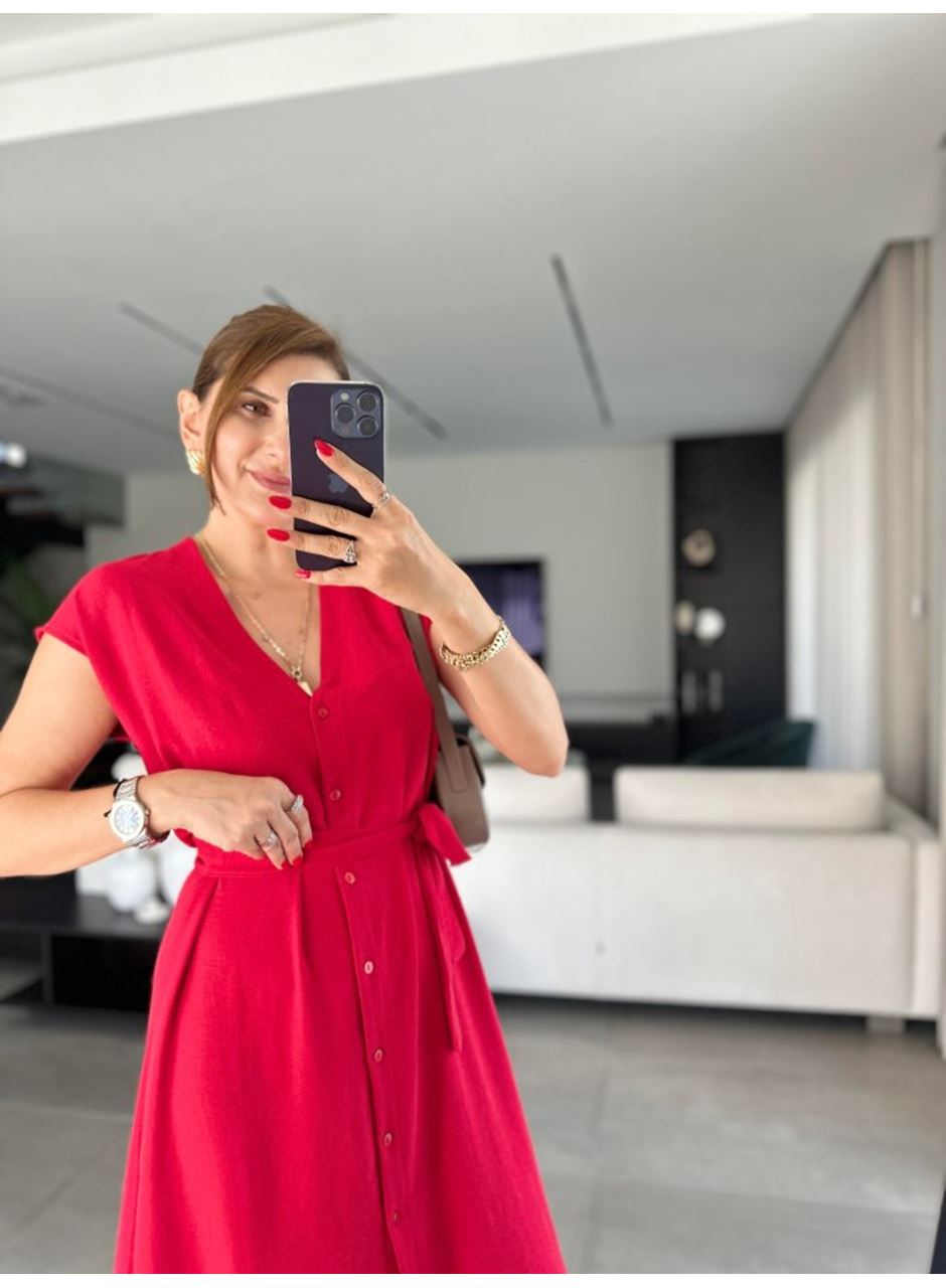 Kadınn V Yaka Düğme Detay Kuşak Dahil Elbise