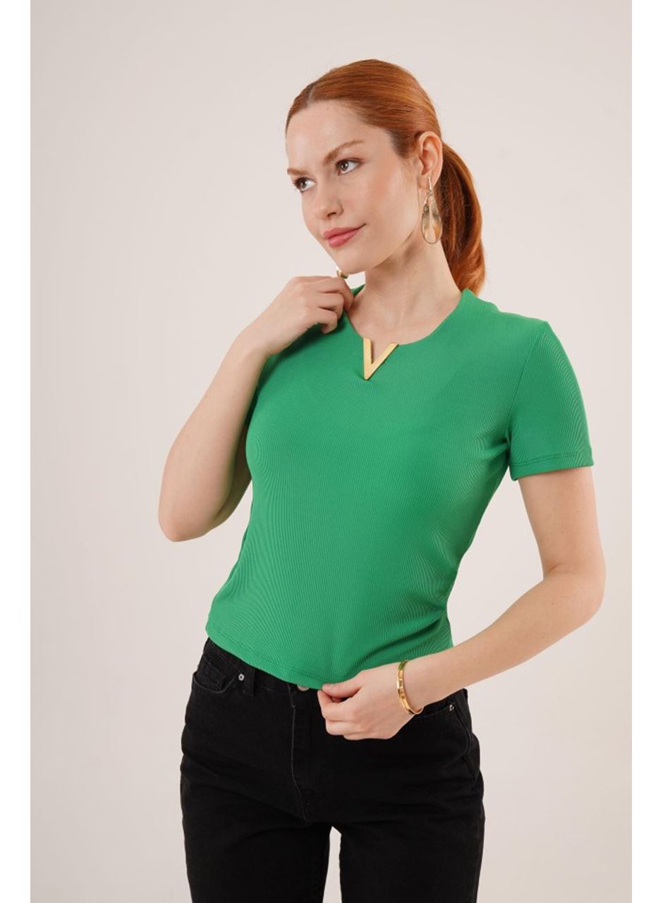 Kısa Kollu Yaka Detaylı Kaşkorse Yeşil Bluz