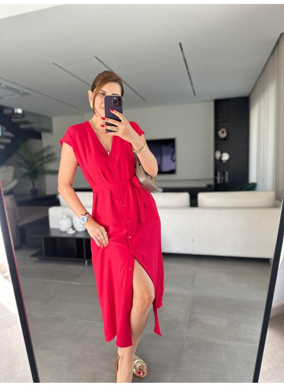 Kadınn V Yaka Düğme Detay Kuşak Dahil Elbise